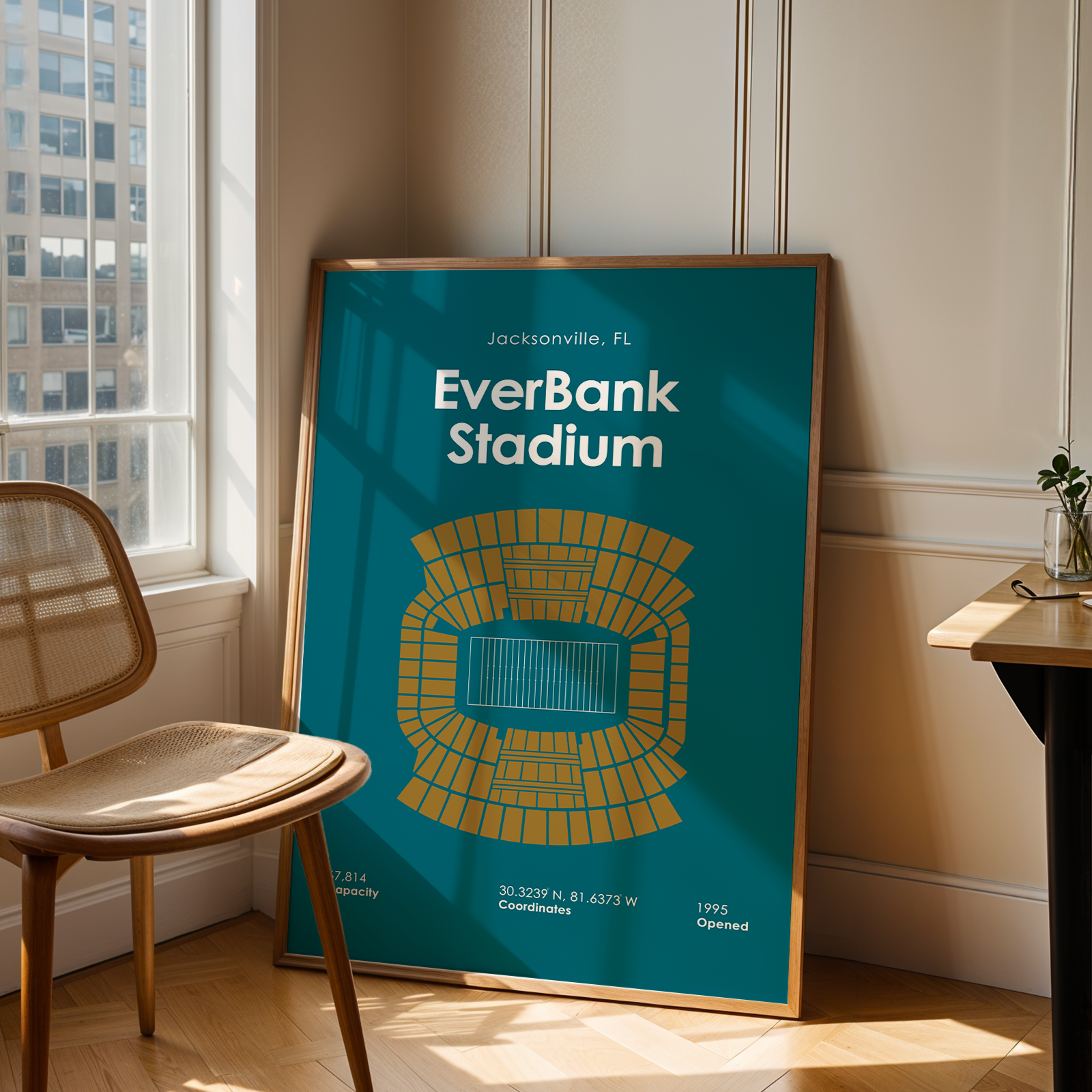 Poster of EverBank Stadium in a room with a chair and table.