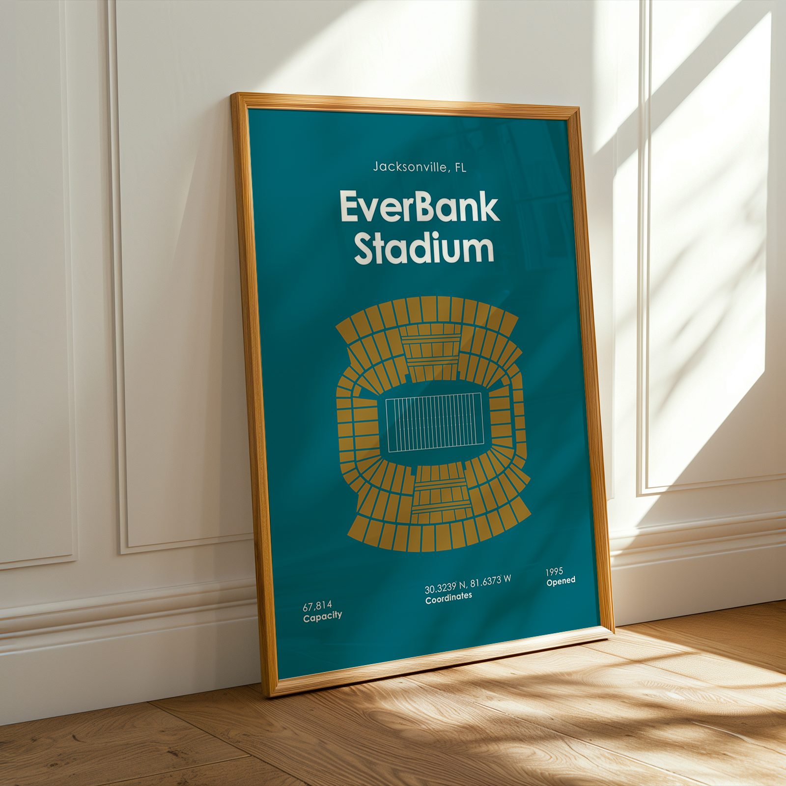 Framed poster of EverBank Stadium on a wall with sunlight casting shadows.