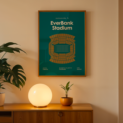 Framed poster of EverBank Stadium on a wall above a wooden cabinet with decorative items.