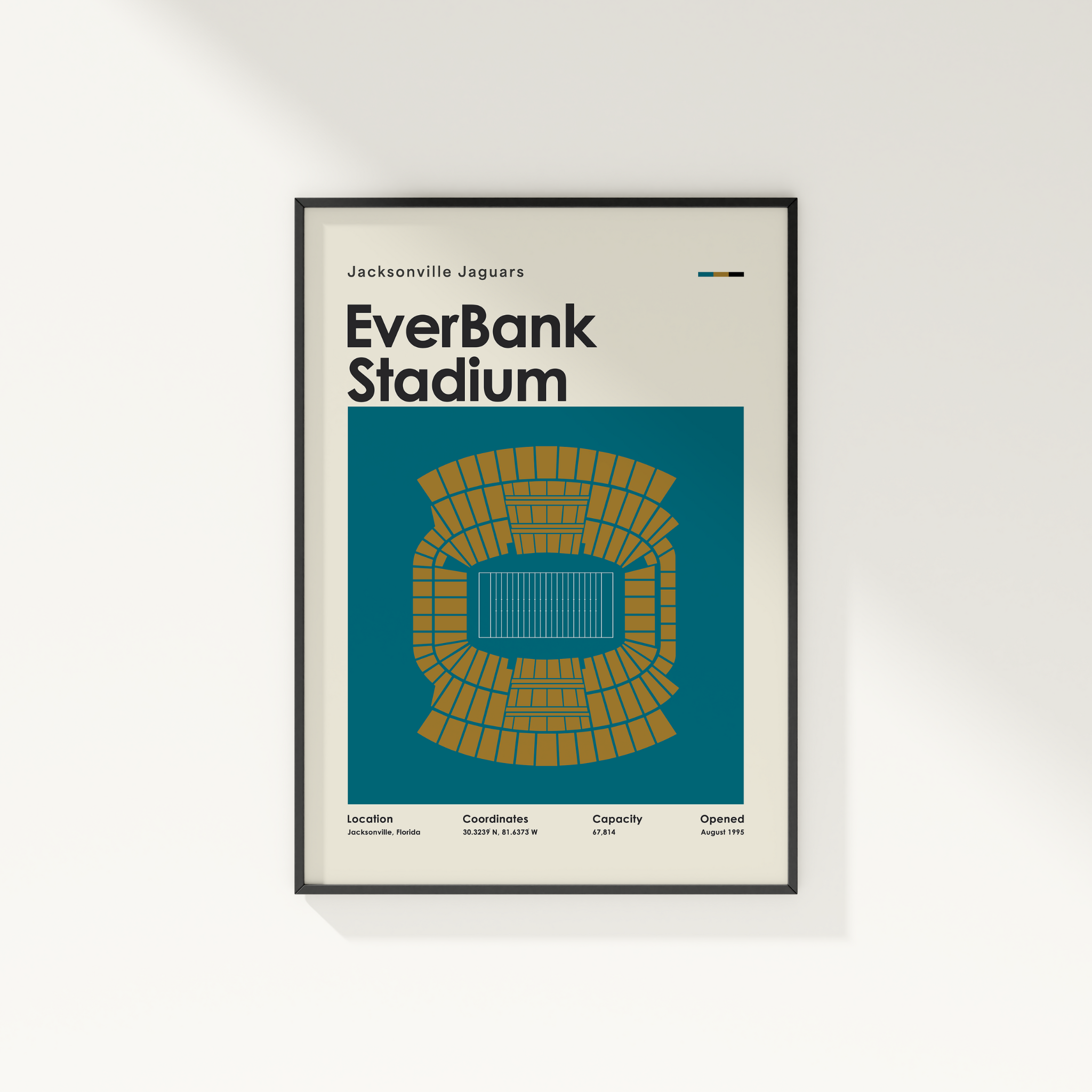 Framed poster of EverBank Stadium with Jacksonville Jaguars text on a white wall.