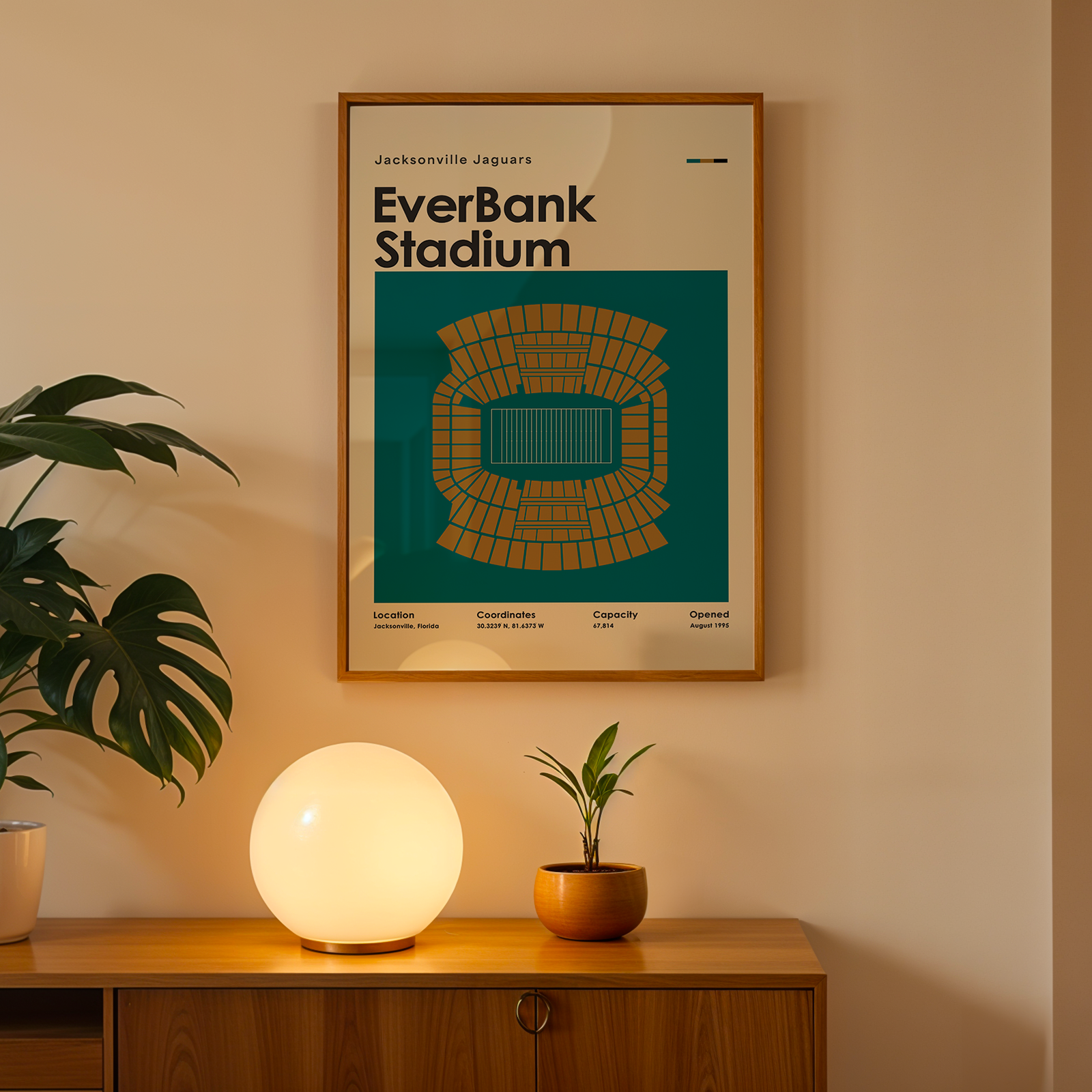 Poster of EverBank Stadium on a wall above a wooden cabinet with decorative items.