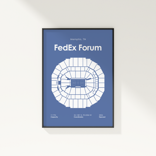 Framed poster of FedEx Forum layout on a blue background