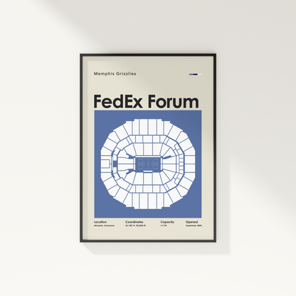 Framed poster of FedEx Forum seating chart with Memphis Grizzlies text on a white wall.