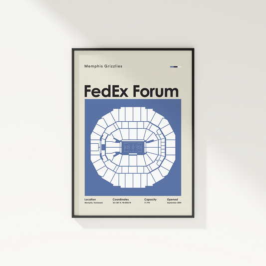 Framed poster of FedEx Forum seating chart with Memphis Grizzlies text on a white wall.