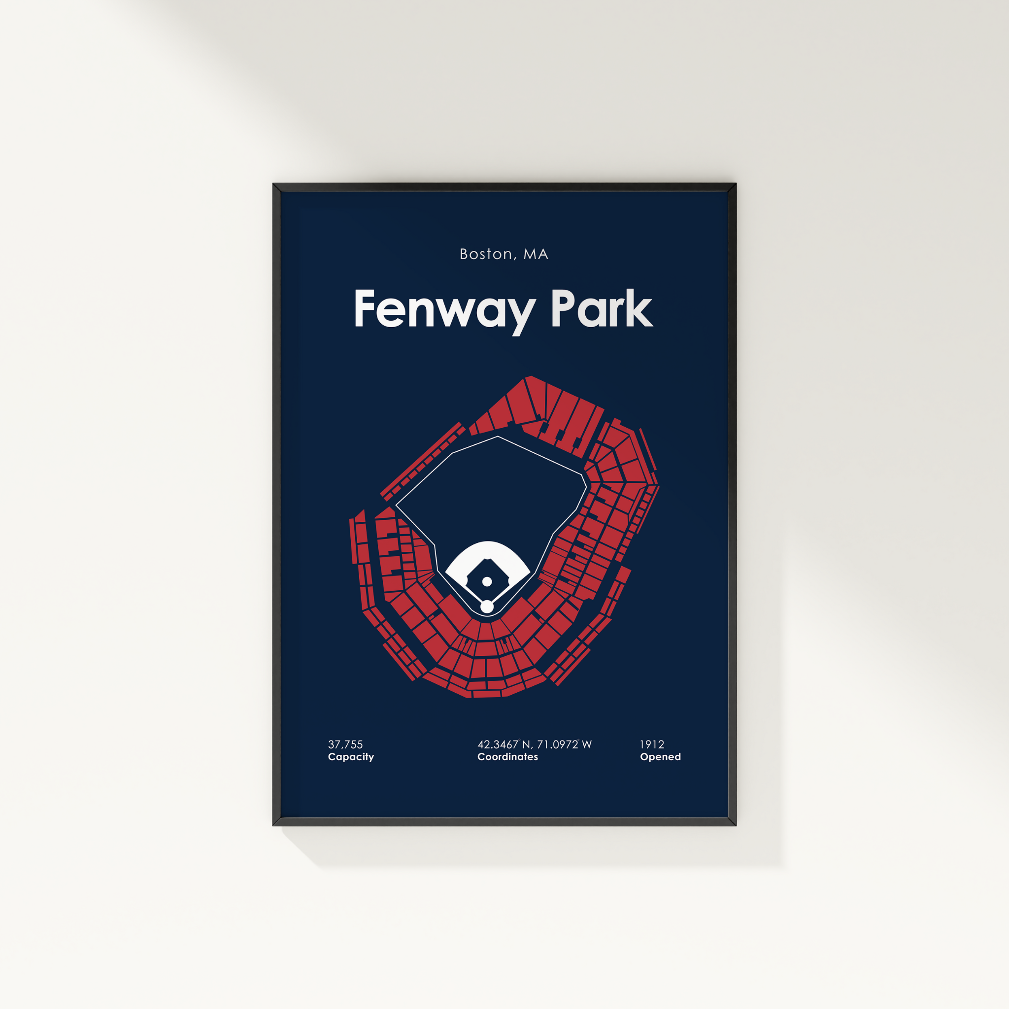 Framed poster of Fenway Park layout with red seating pattern on a blue background