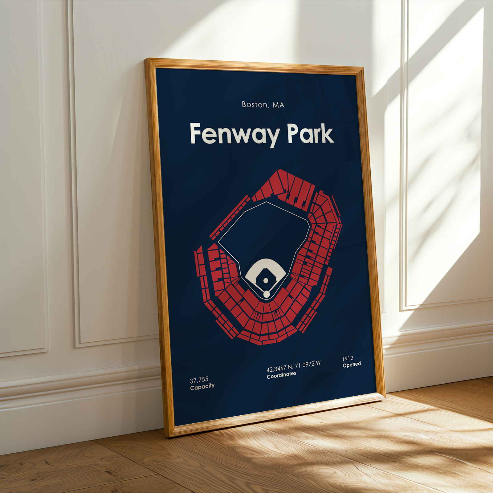 Fenway Park poster in a wooden frame on a wall