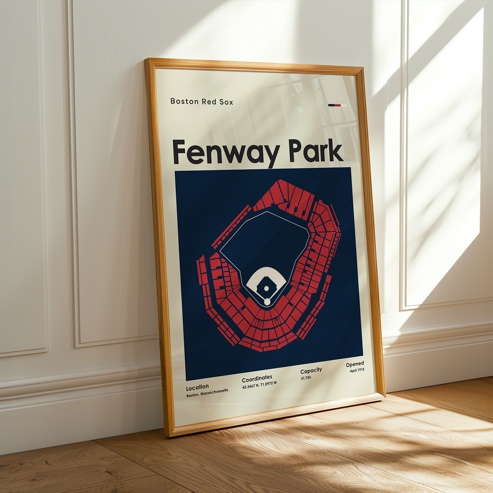 Framed poster of Fenway Park with Boston Red Sox branding on a wooden floor.