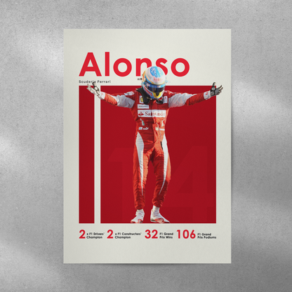 poster mockup of formula 1 driver fernando alonso on a grey wall