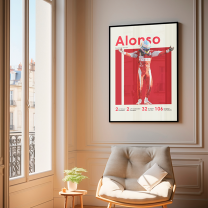 framed poster mockup of formula 1 driver fernando alonso hanging in a living room