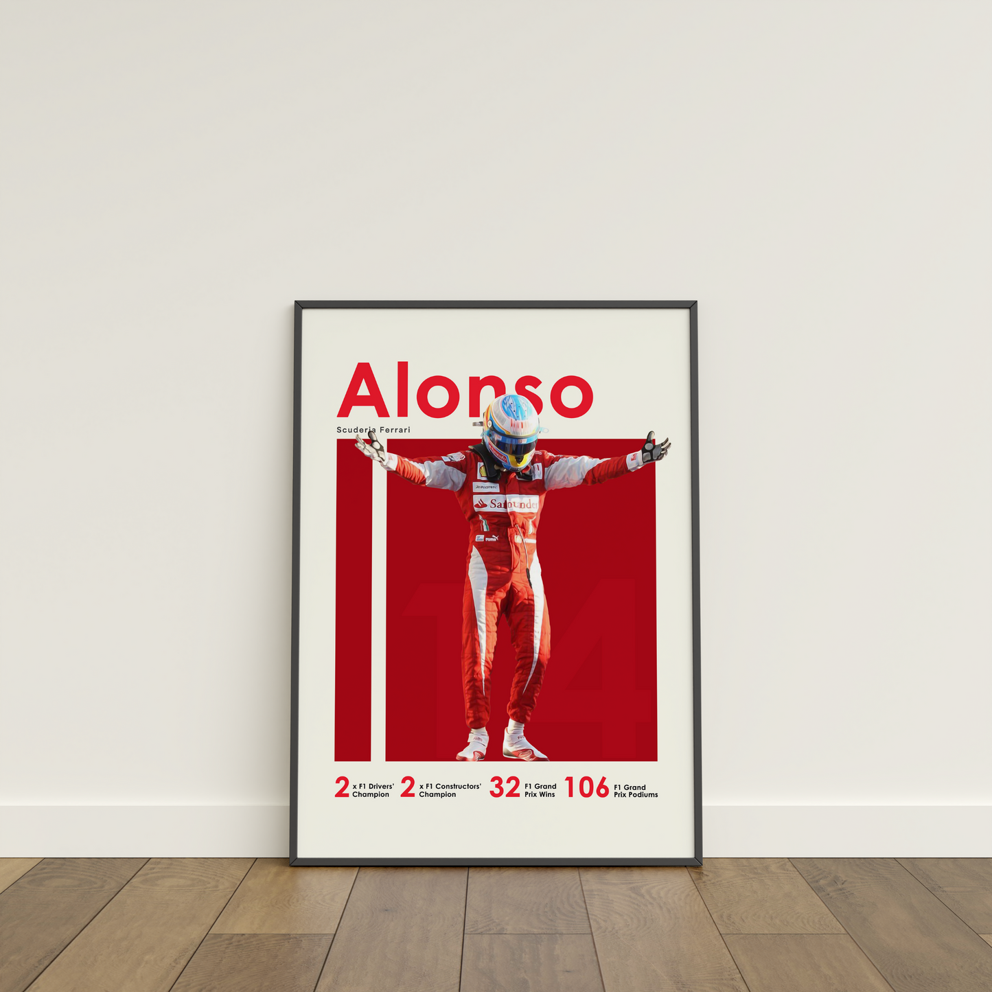 framed poster mockup of formula 1 driver fernando alonso leaning on a white wall