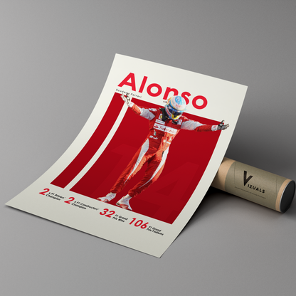 poster mockup of formula 1 driver fernando alonso leaning on a cardboard tube