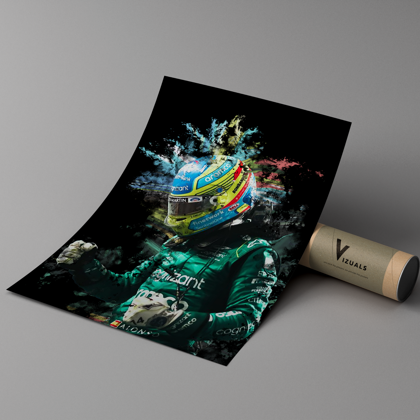 poster mockup of formula 1 driver fernando alonso leaning on a cardboard tube