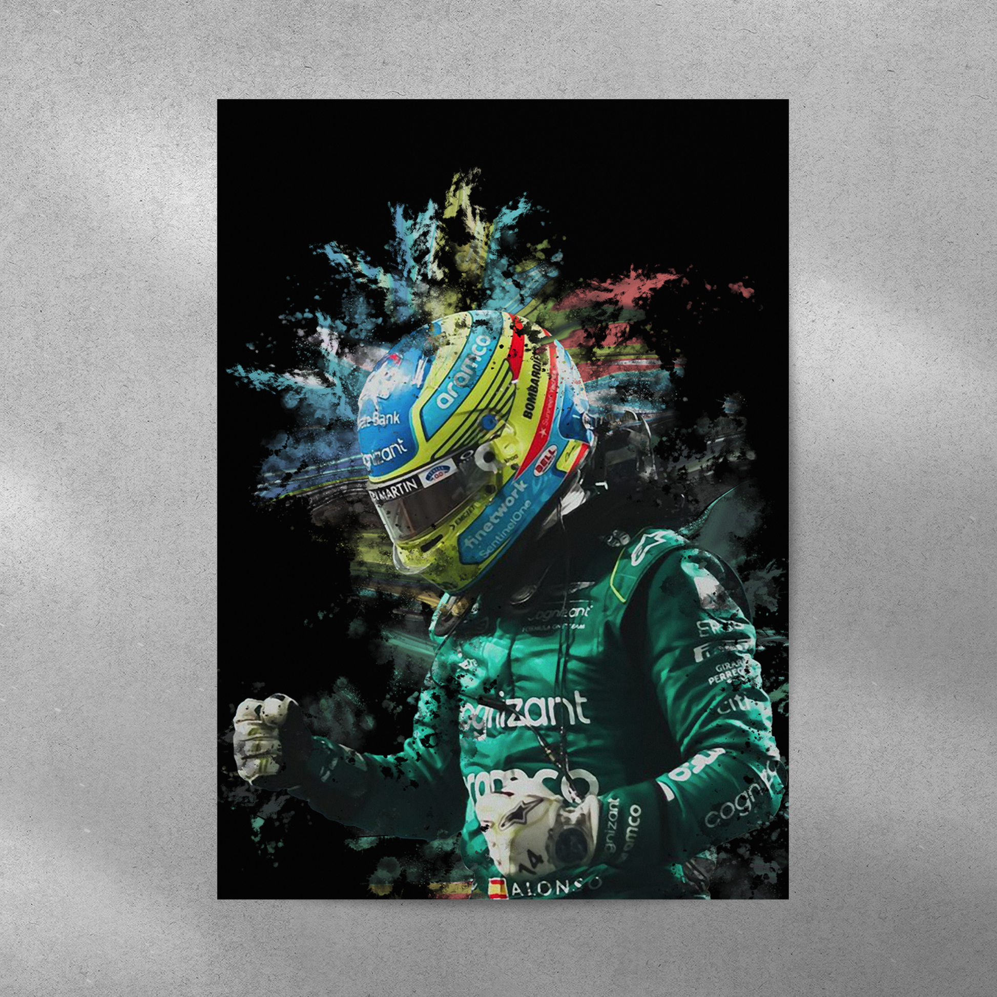 poster mockup of formula 1 driver fernando alonso on a grey wall