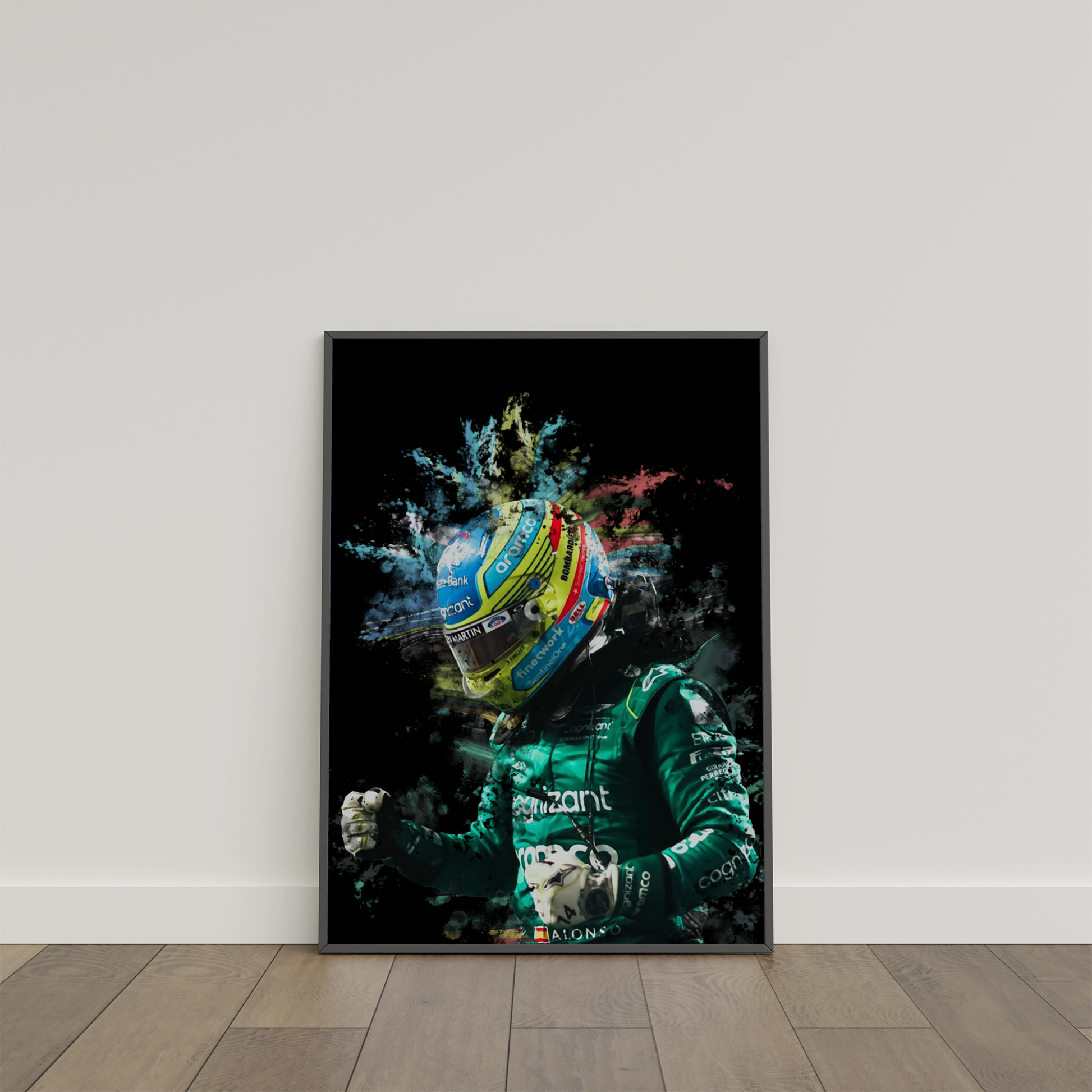 framed poster mockup of formula 1 driver fernando alonso leaning on a white wall