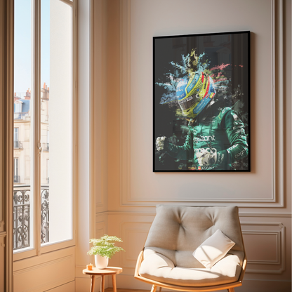 framed poster mockup of formula 1 driver fernando alonso hanging in a living room