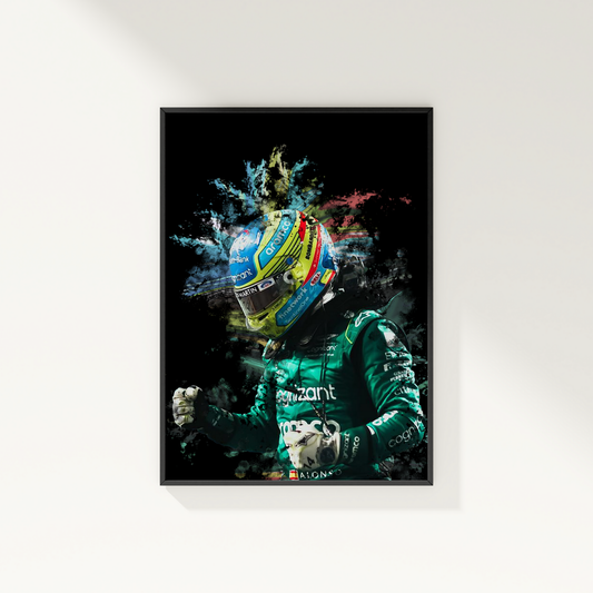 framed poster mockup of formula 1 driver fernando alonso hanging on a white wall