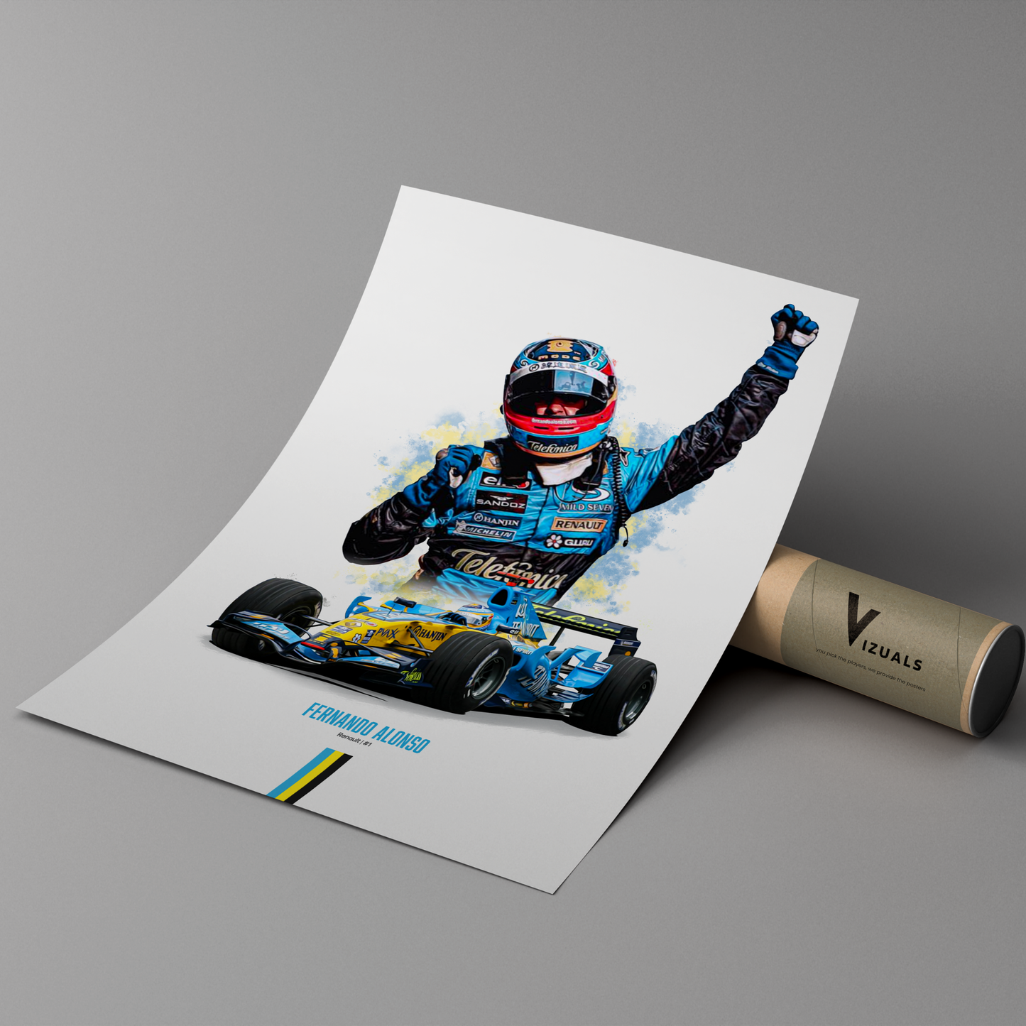 poster mockup of formula 1 driver fernando alonso leaning on a cardboard tube