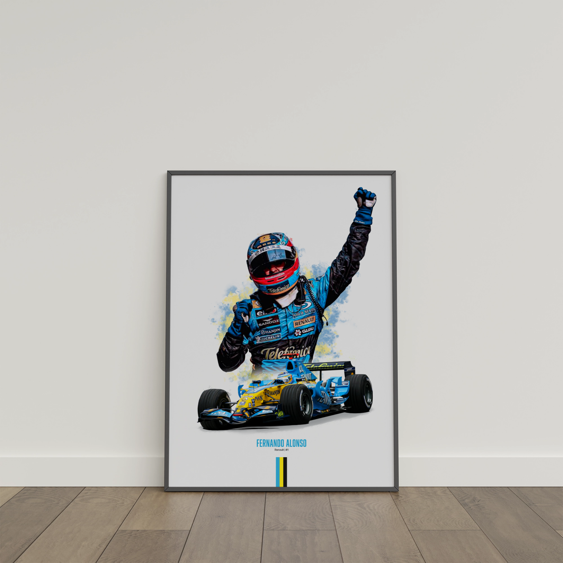 framed poster mockup of formula 1 driver fernando alonso leaning on a white wall