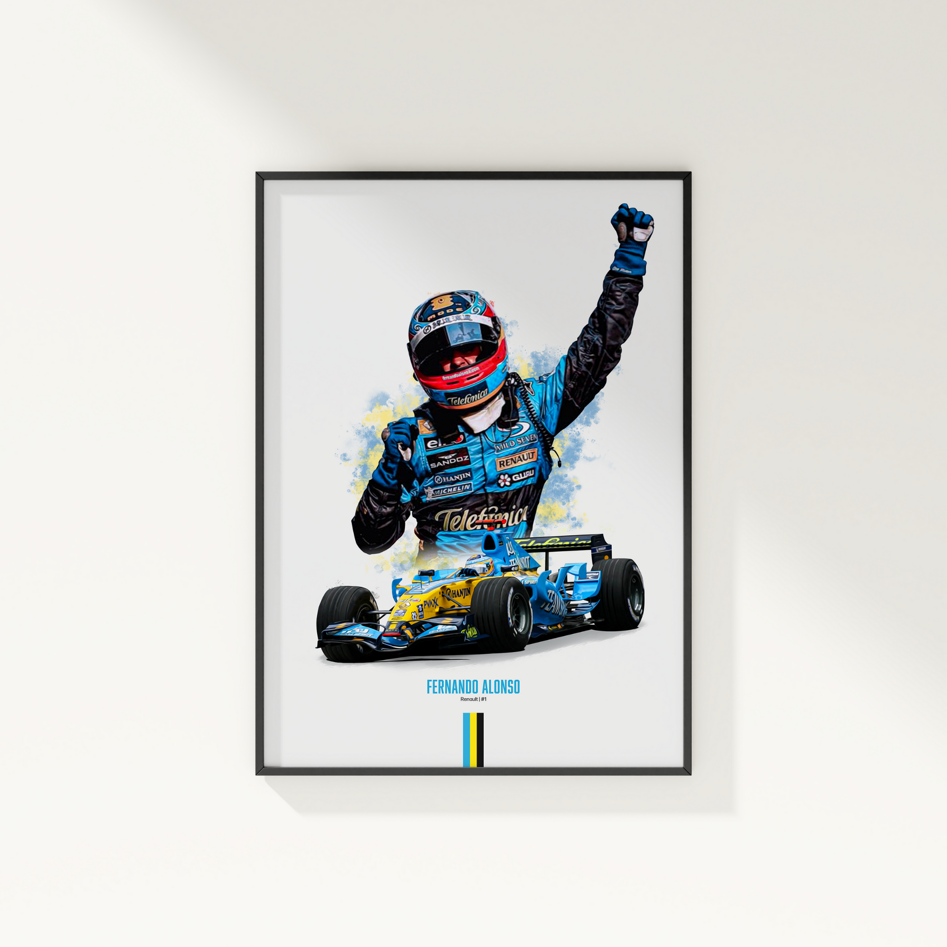 framed poster mockup of formula 1 driver fernando alonso hanging on a white wall