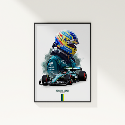 framed poster mockup of formula 1 driver fernando alonso hanging on a white wall