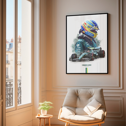 framed poster mockup of formula 1 driver fernando alonso hanging in a living room