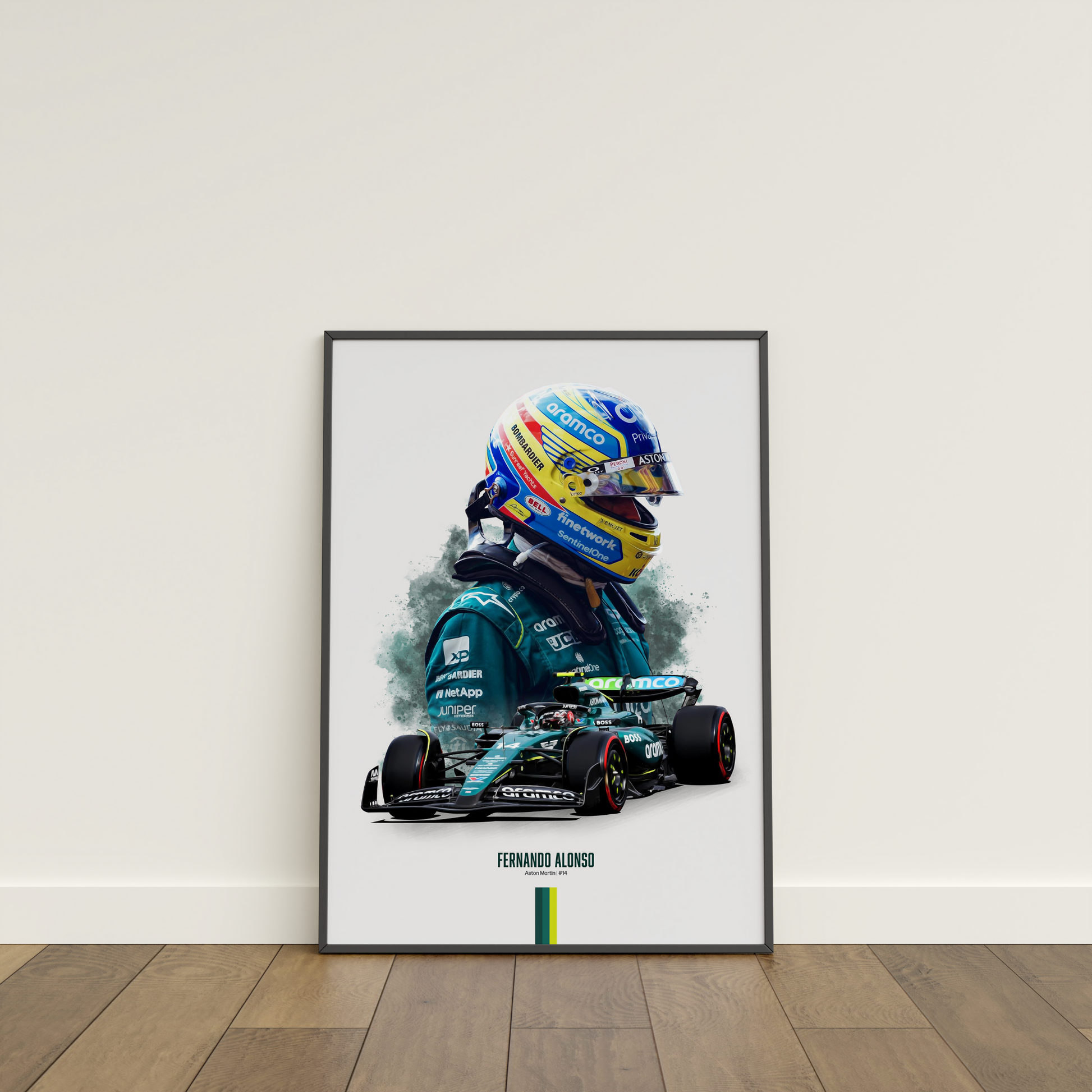 framed poster mockup of formula 1 driver fernando alonso leaning on a white wall