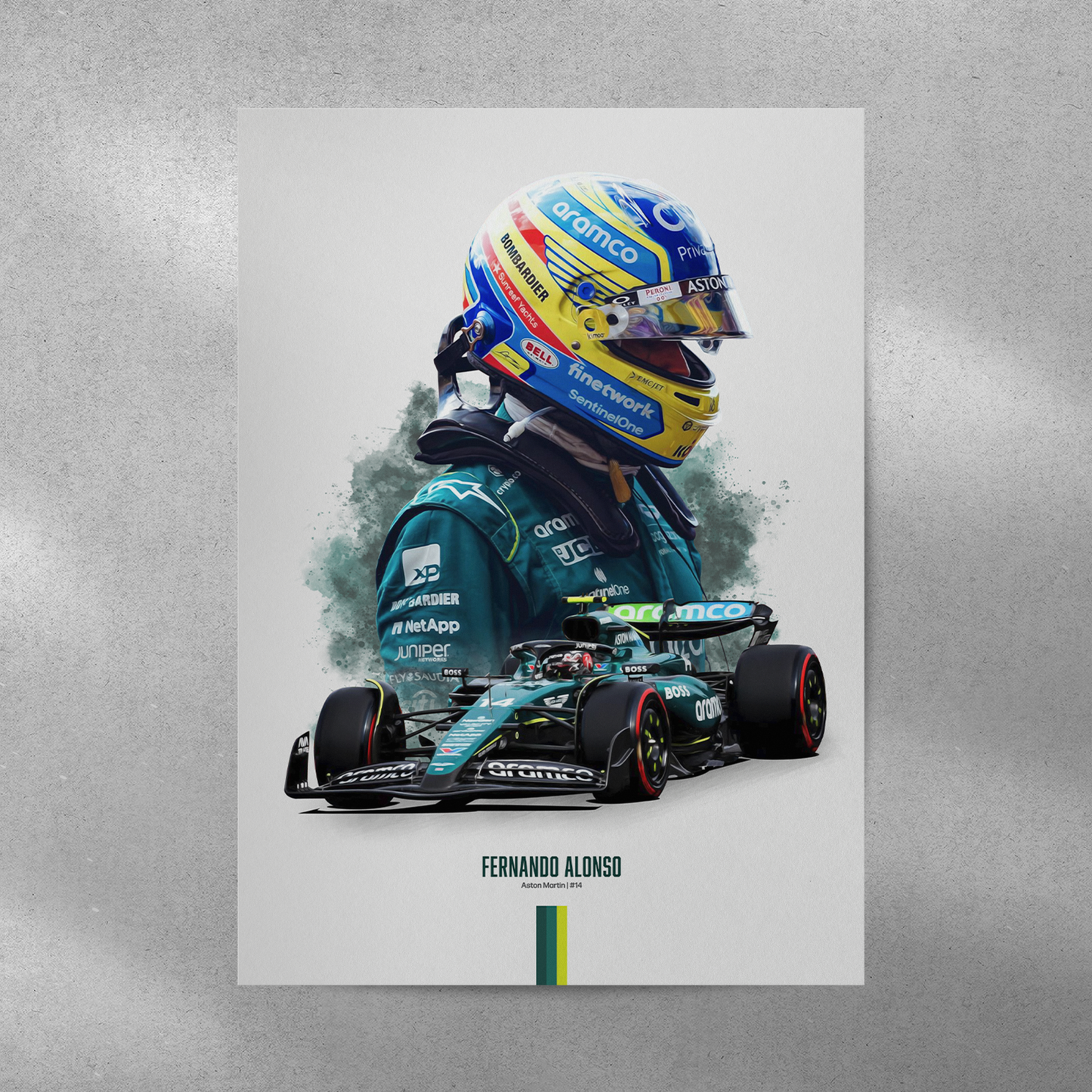 poster mockup of formula 1 driver fernando alonso on a grey wall