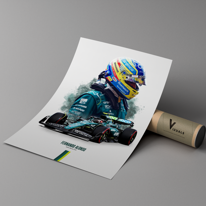 poster mockup of formula 1 driver fernando alonso leaning on a protective cardboard tube