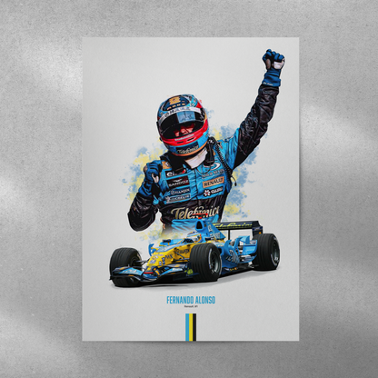 poster mockup of formula 1 driver fernando alonso on a grey wall