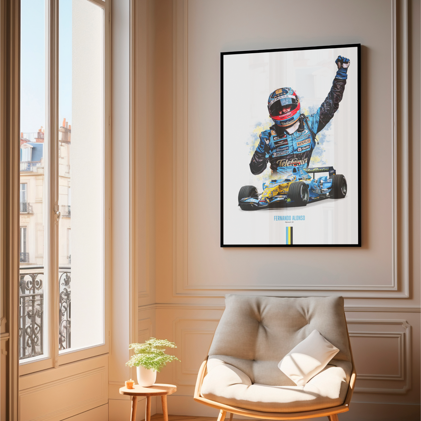 framed poster mockup of formula 1 driver fernando alonso hanging in a living room