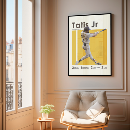 framed poster mockup of baseball player fernando tatis jr hanging in a living room