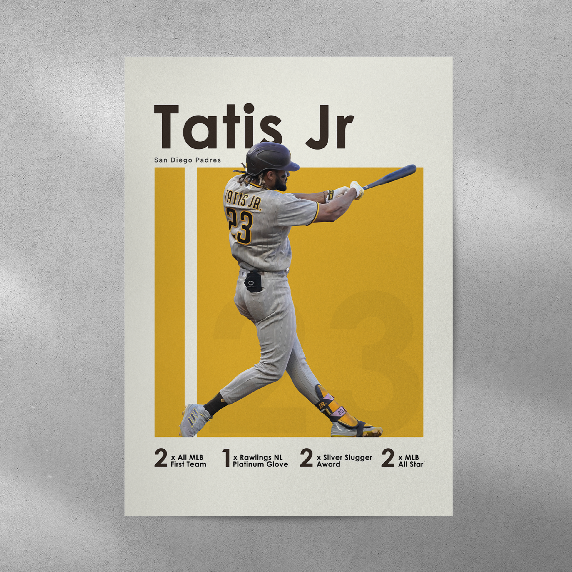 poster mockup of baseball player fernando tatis jr on a grey wall