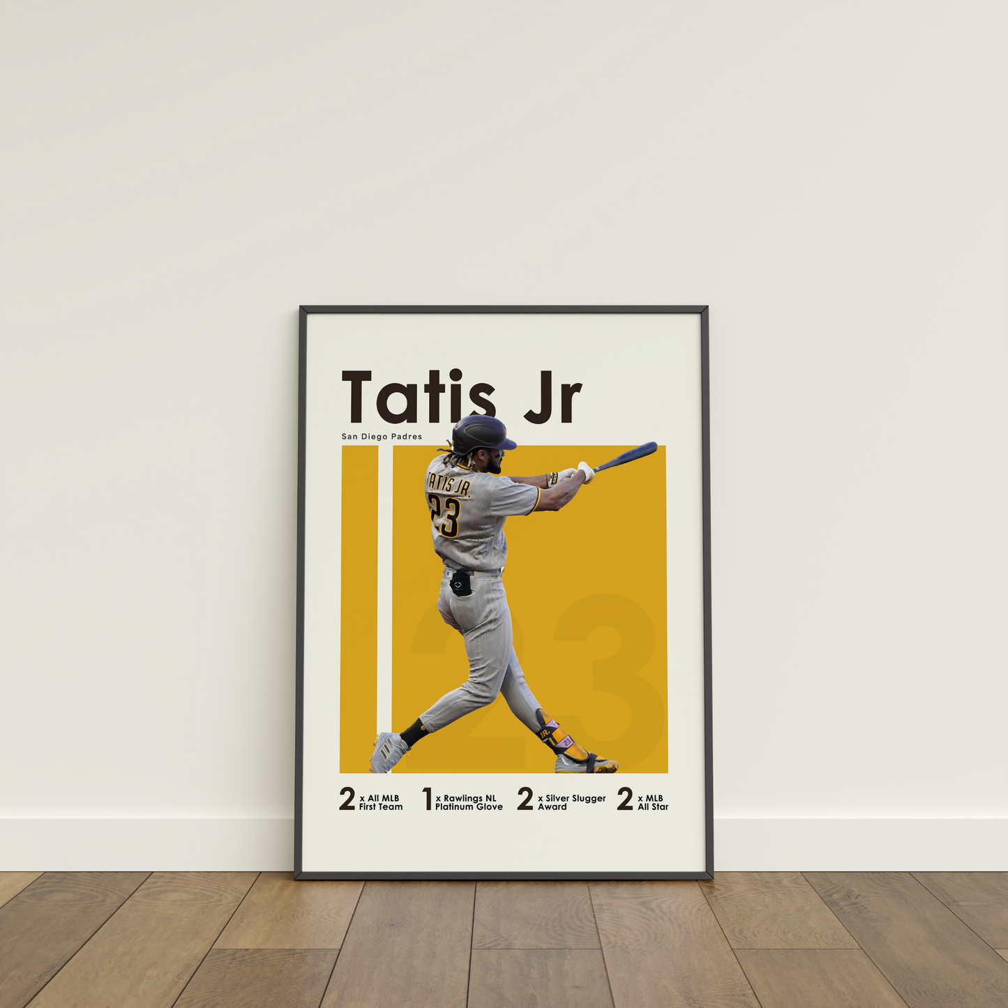 framed poster mockup of baseball player fernando tatis jr leaning on a white wall