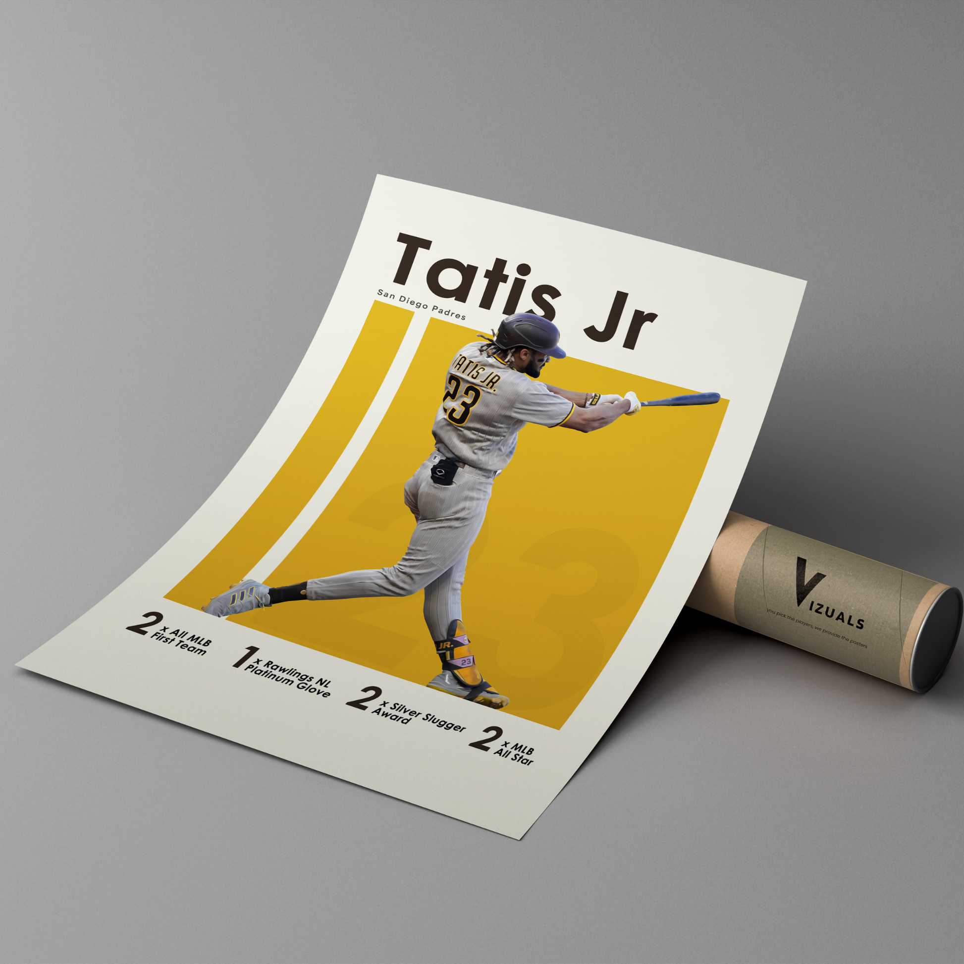 poster mockup of baseball player fernando tatis jr leaning on a cardboard tube