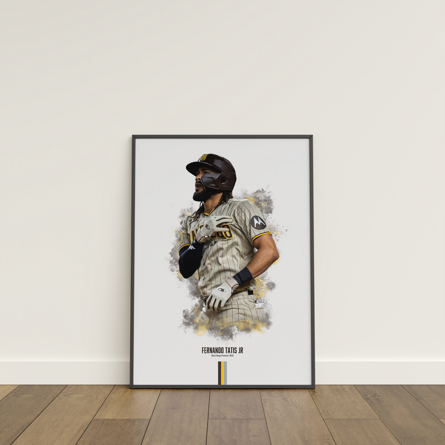 framed poster mockup of baseball player fernando tatis jr leaning on a white wall