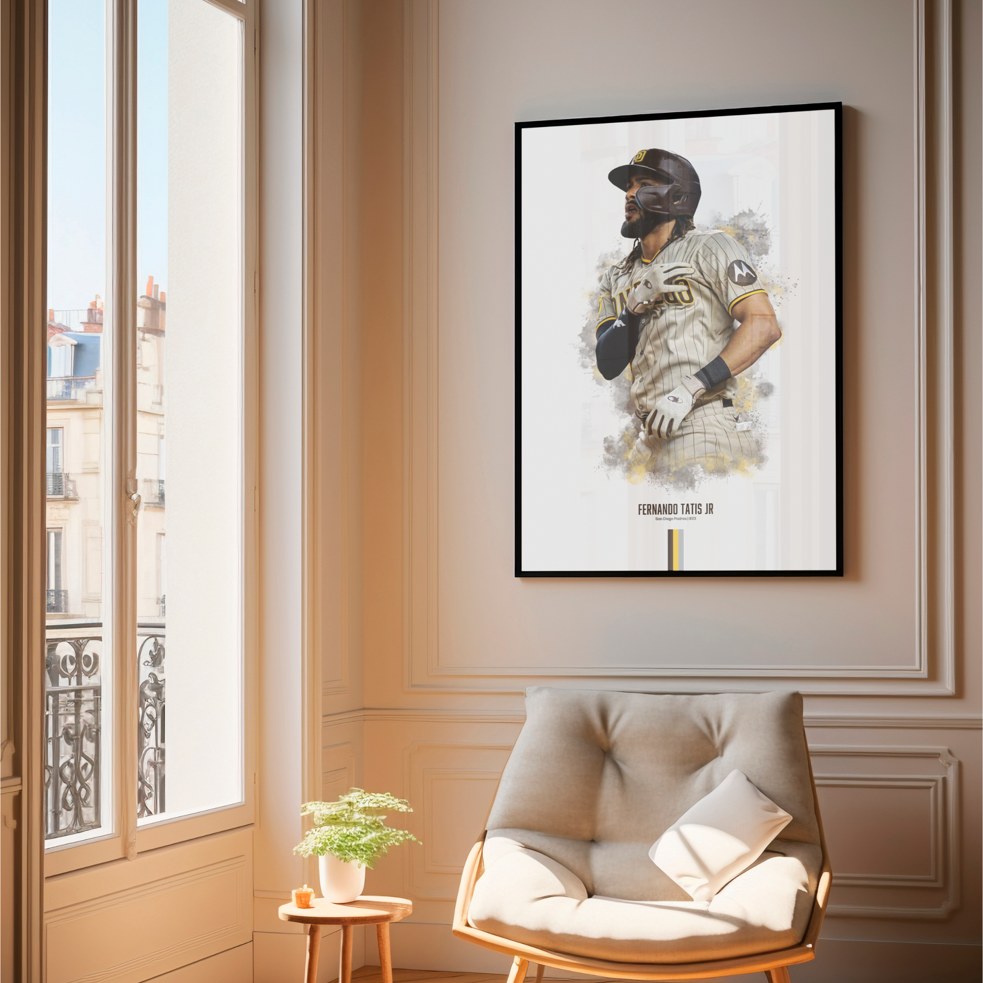 framed poster mockup of baseball player fernando tatis jr hanging in a living room