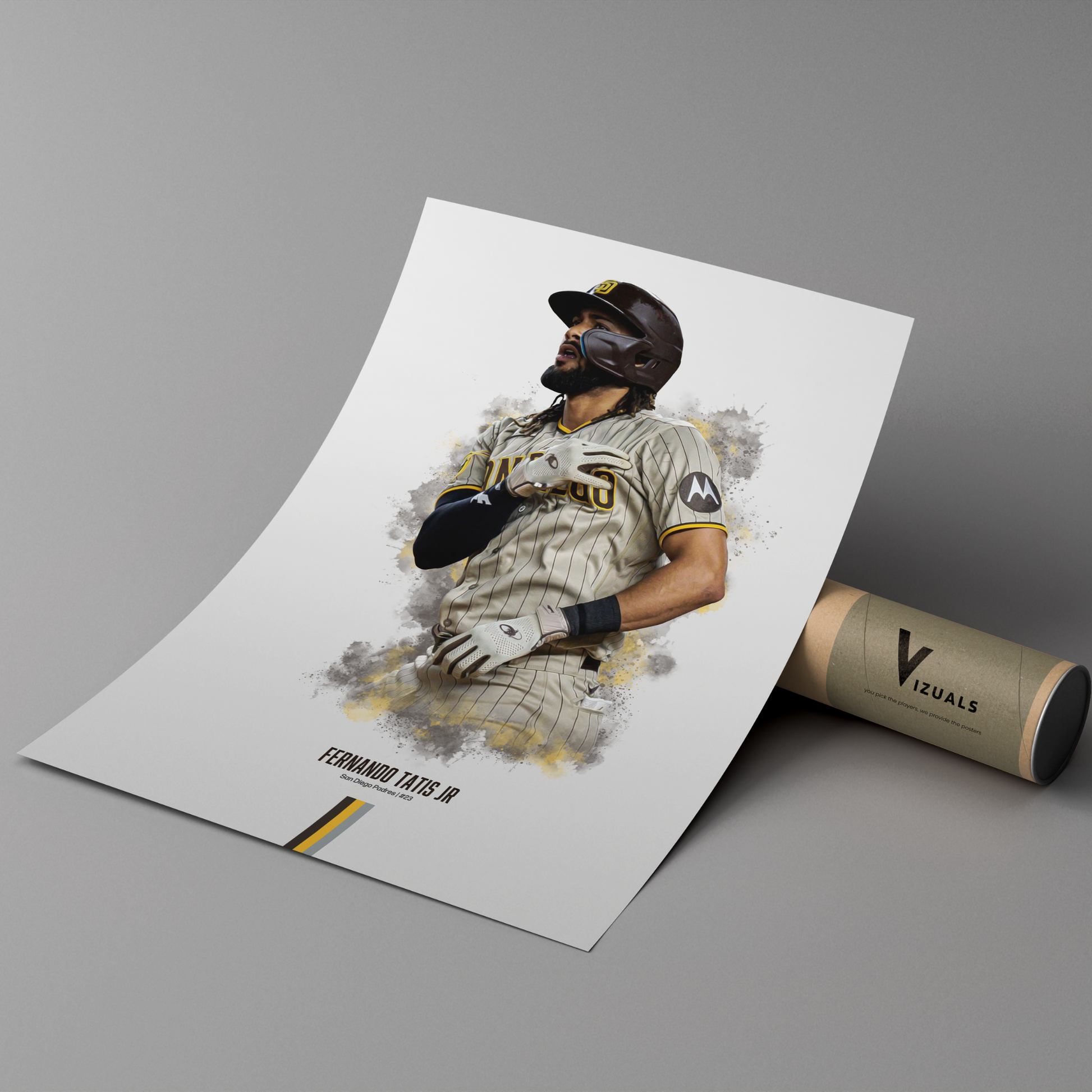 poster mockup of baseball player fernando tatis jr leaning on a cardboard tube