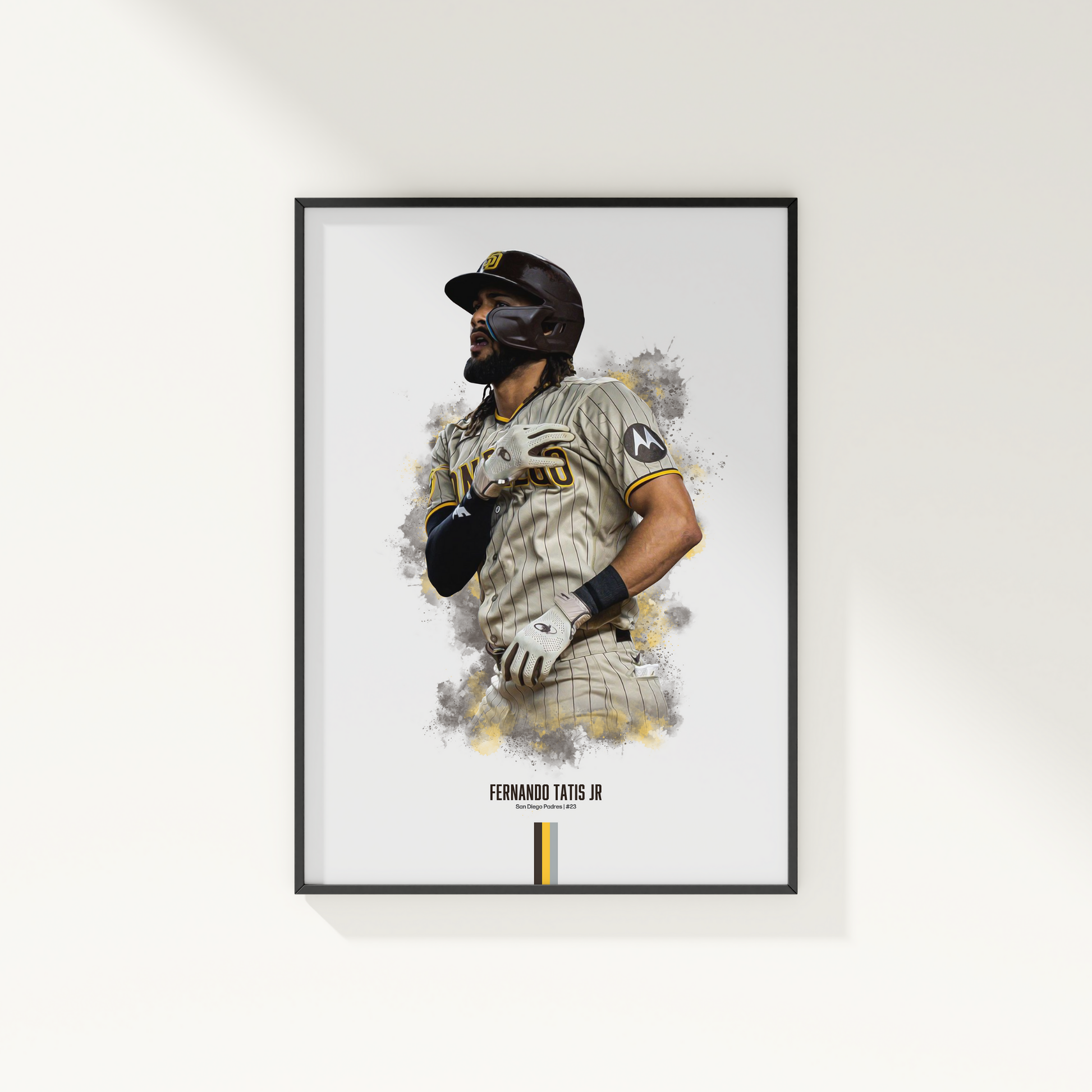 framed poster mockup of baseball player fernando tatis jr hanging on a white wall