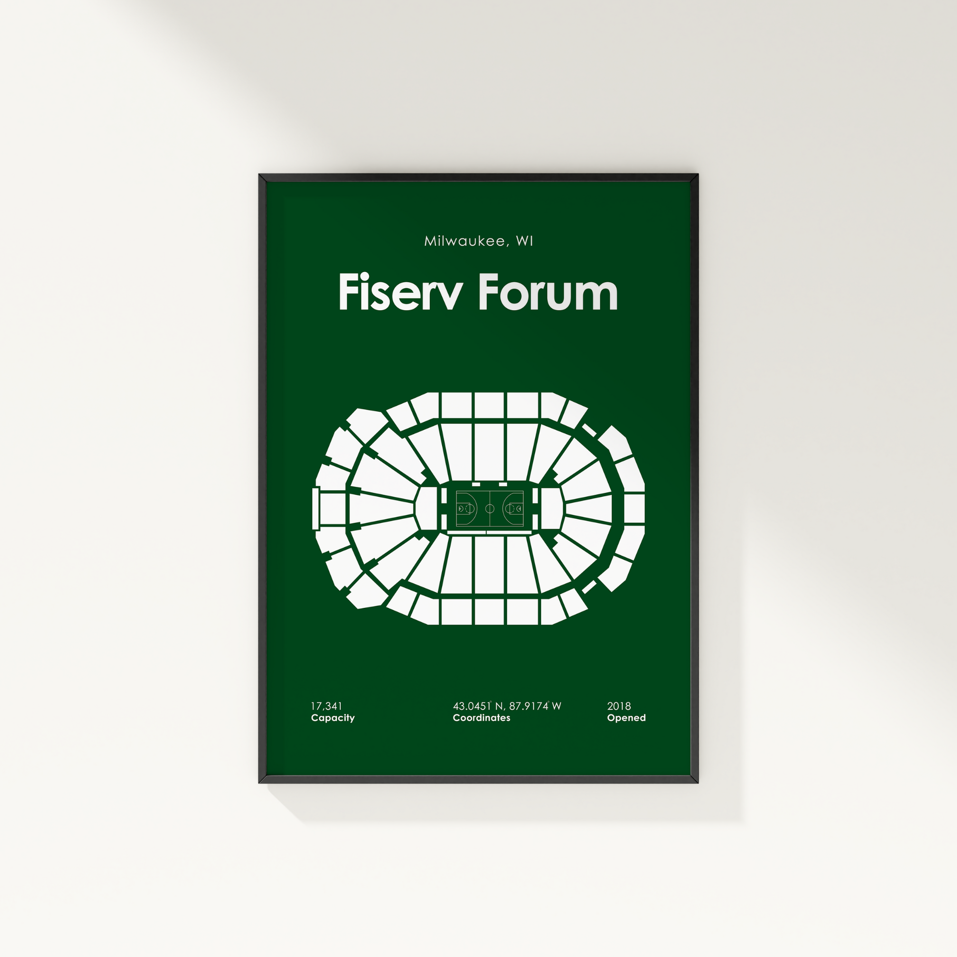 Fiserv Forum seating chart poster with green background and white text