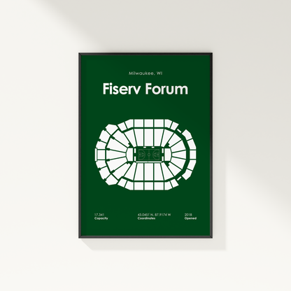 Fiserv Forum seating chart poster with green background and white text