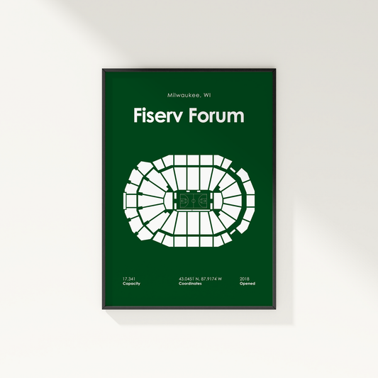 Fiserv Forum seating chart poster with green background and white text