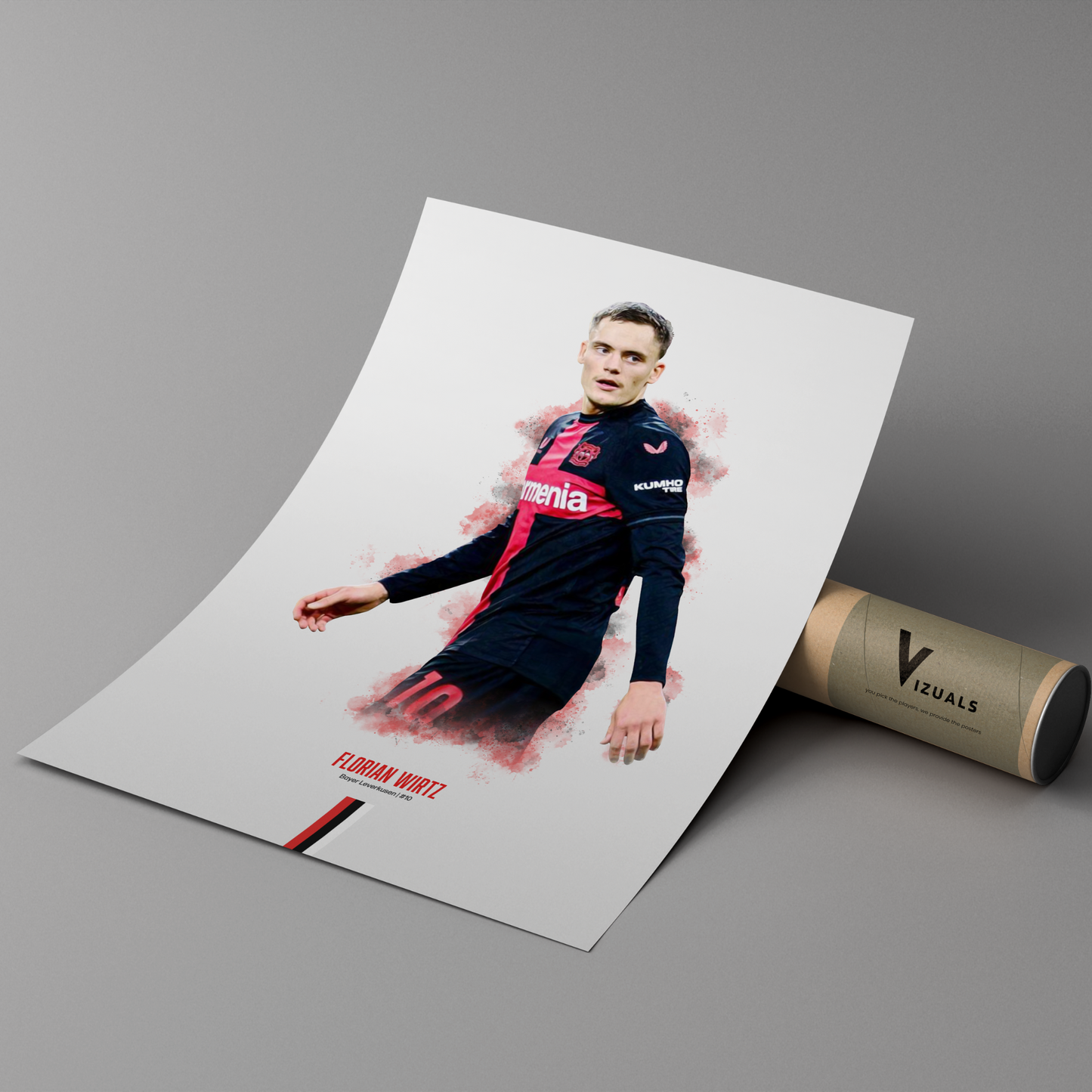 poster mockup of soccer player florian wirtz leaning on a cardboard tube