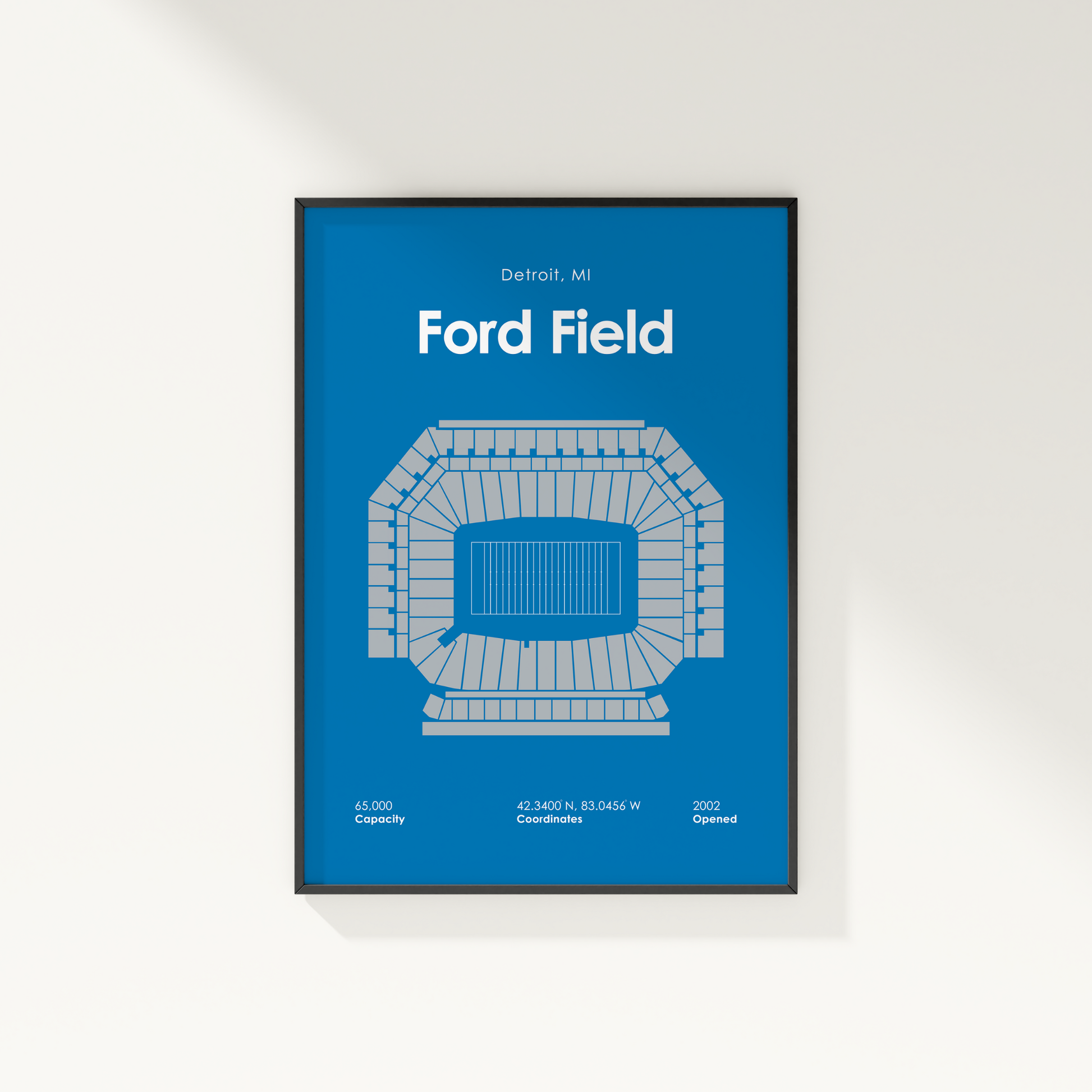 Framed poster of Ford Field layout on a blue background
