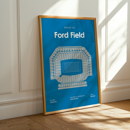 Framed poster of Ford Field in a room with sunlight streaming through a window.
