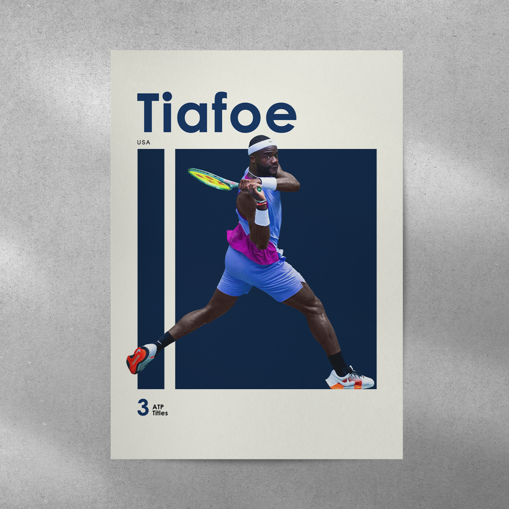 poster mockup of tennis player frances tiafoe on a grey wall