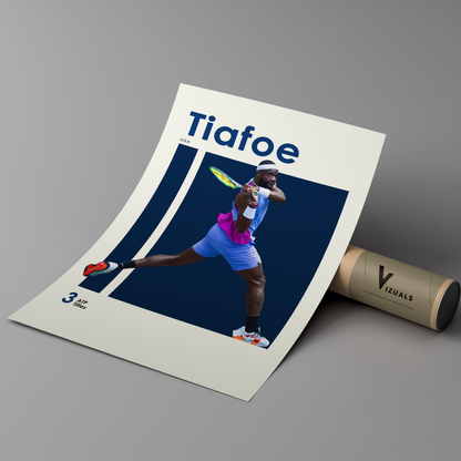 poster mockup of tennis player frances tiafoe leaning on a cardboard tube