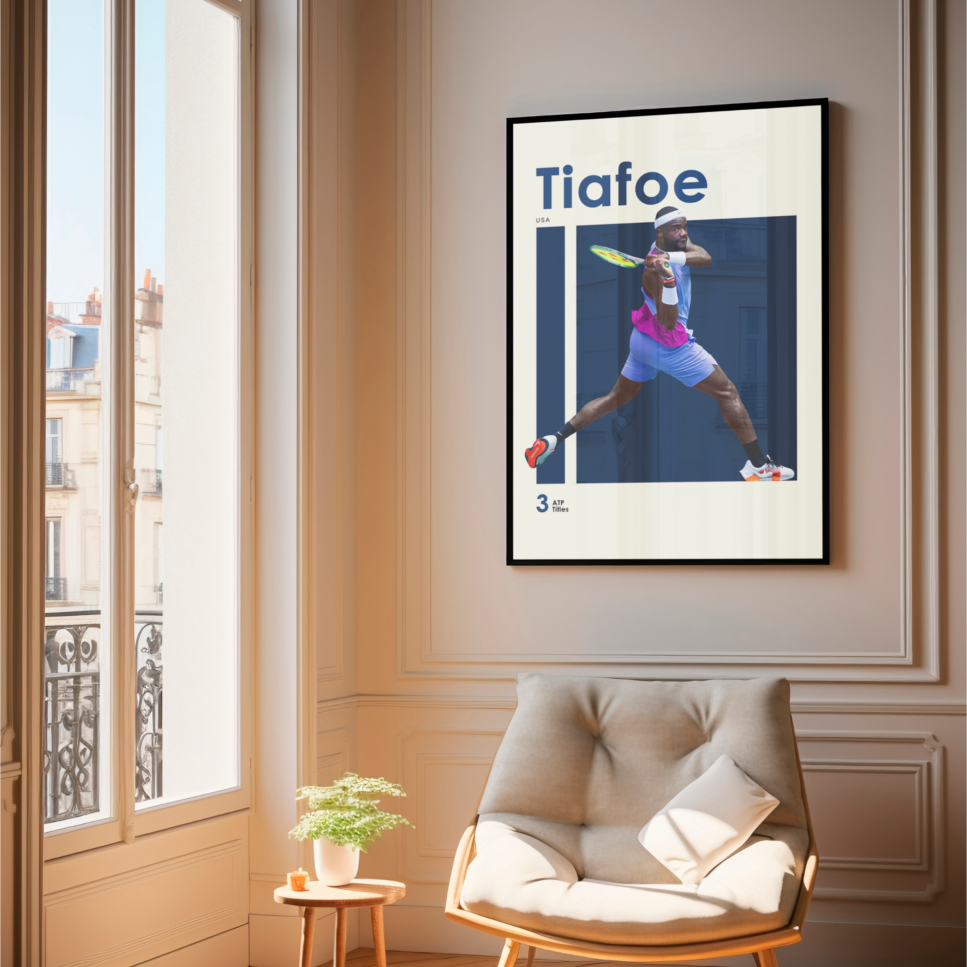 framed poster mockup of tennis player frances tiafoe hanging in a living room