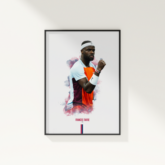 Framed poster of tennis player Frances Tiafoe on a white wall.