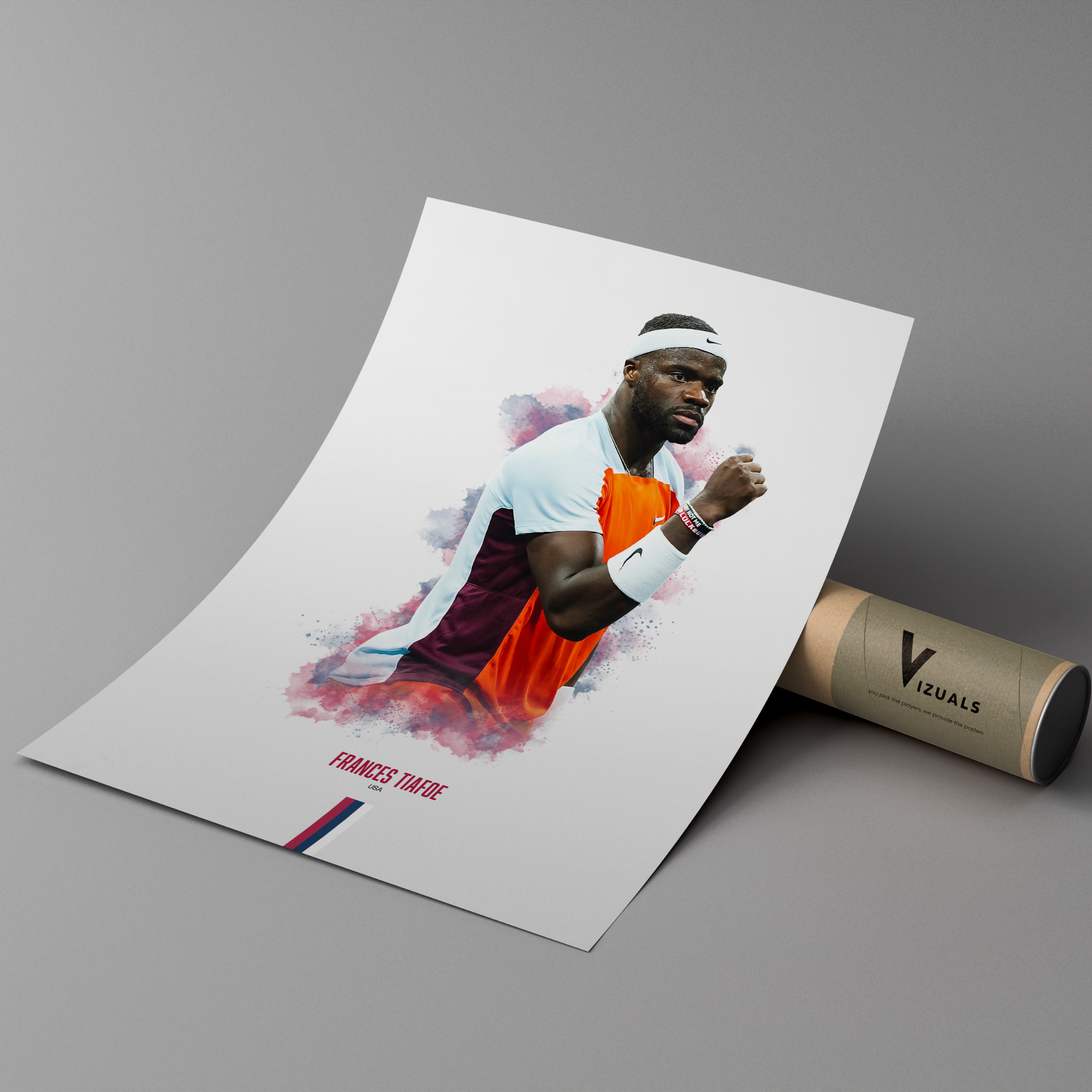 Framed poster of tennis player Frances Tiafoe on a cardboard tube with 'Vizuals' branding.