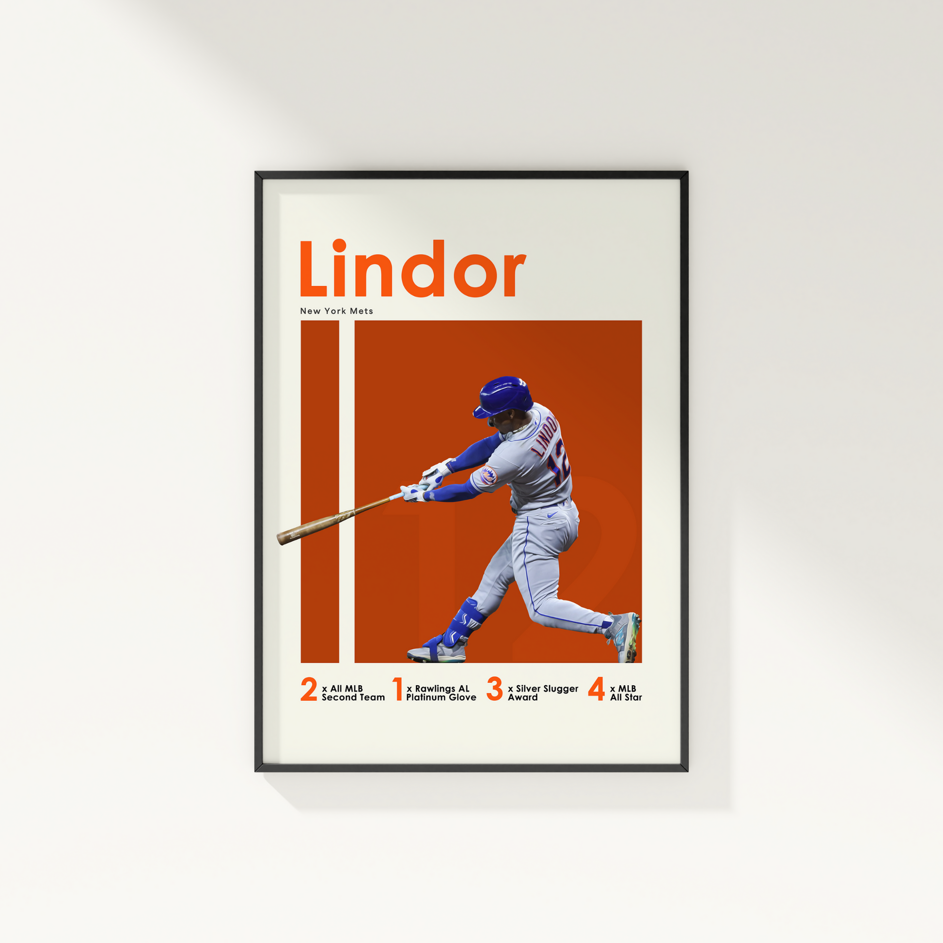 framed poster mockup of baseball player francisco lindor hanging on a white wall